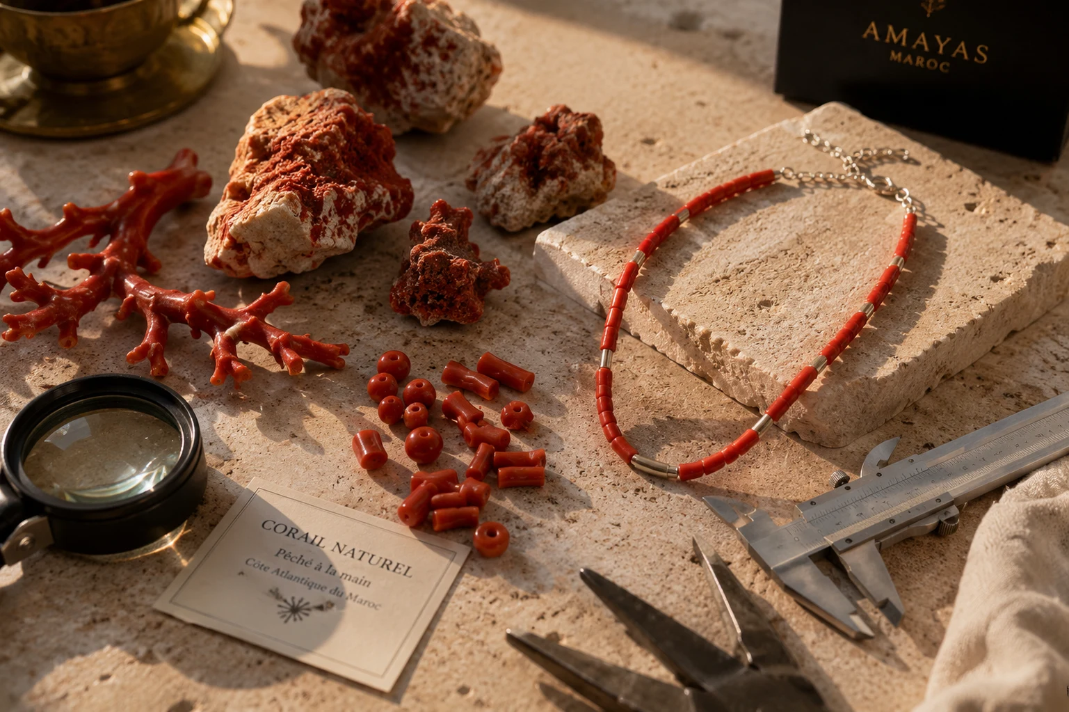Corail naturel du Maroc — spécimens, perles et collier AMAYAS sur pierre