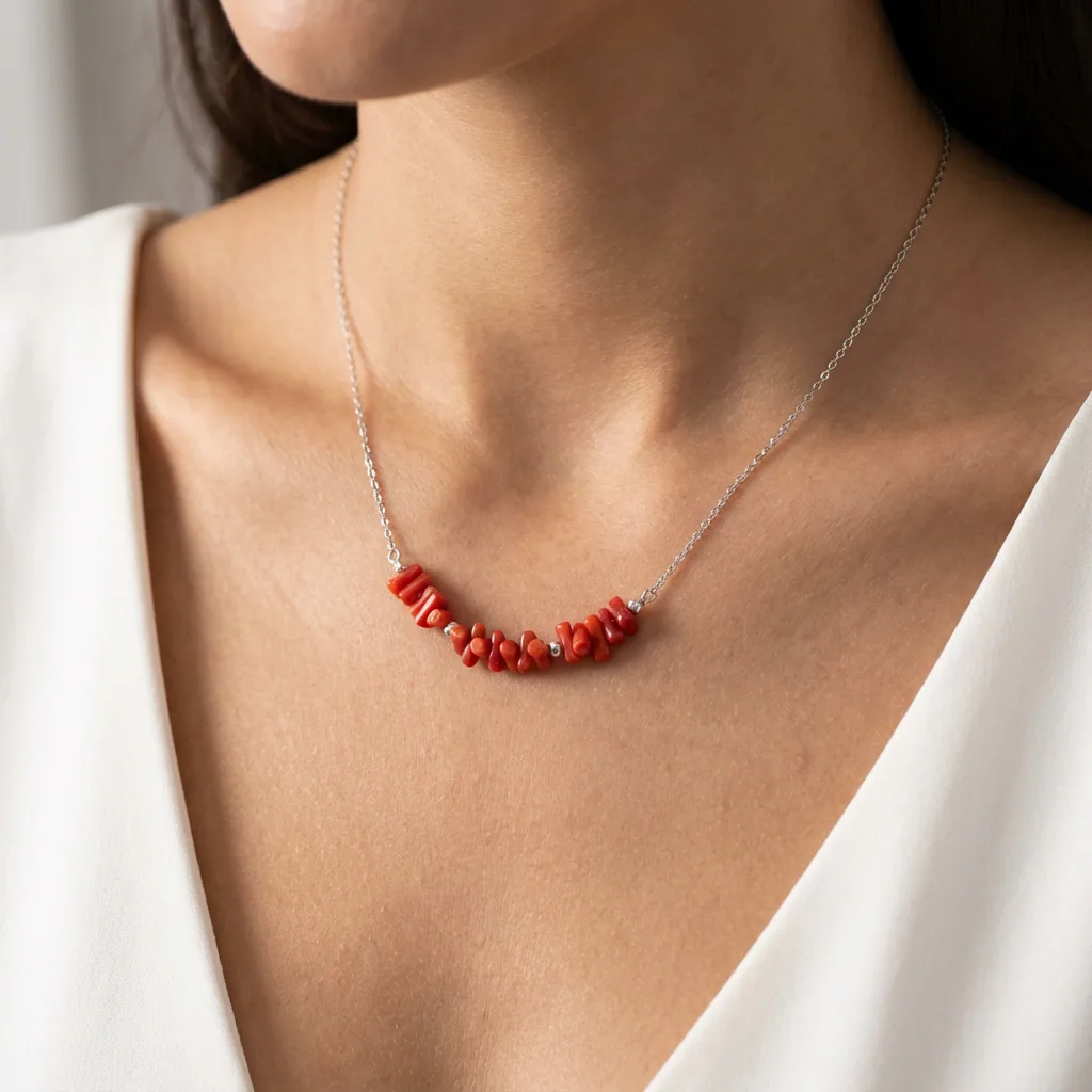 Collier AMAYAS en corail rouge naturel et argent 925 porté par une femme — bijou artisanal marocain