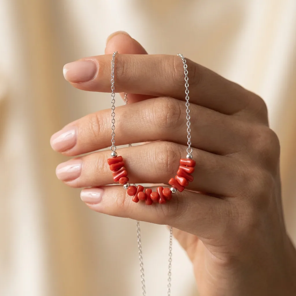 Main tenant délicatement un collier artisanal en corail rouge et argent 925 — savoir-faire AMAYAS Maroc