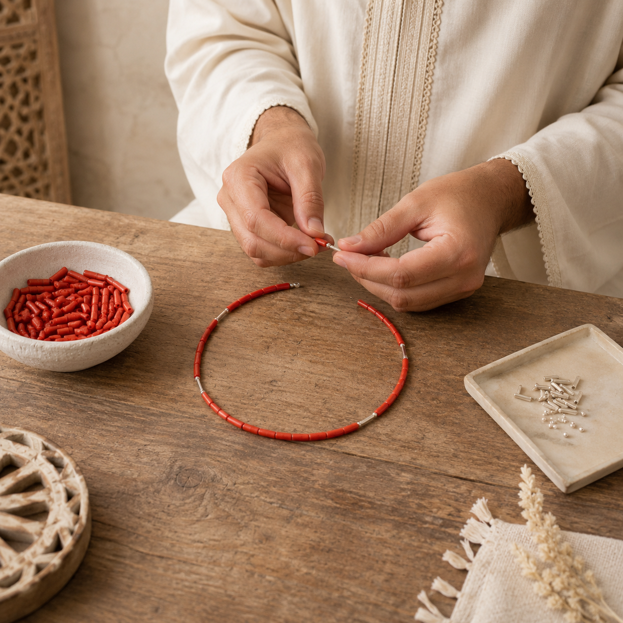 Artisan marocain façonnant un collier en corail naturel dans son atelier de Tiznit — AMAYAS