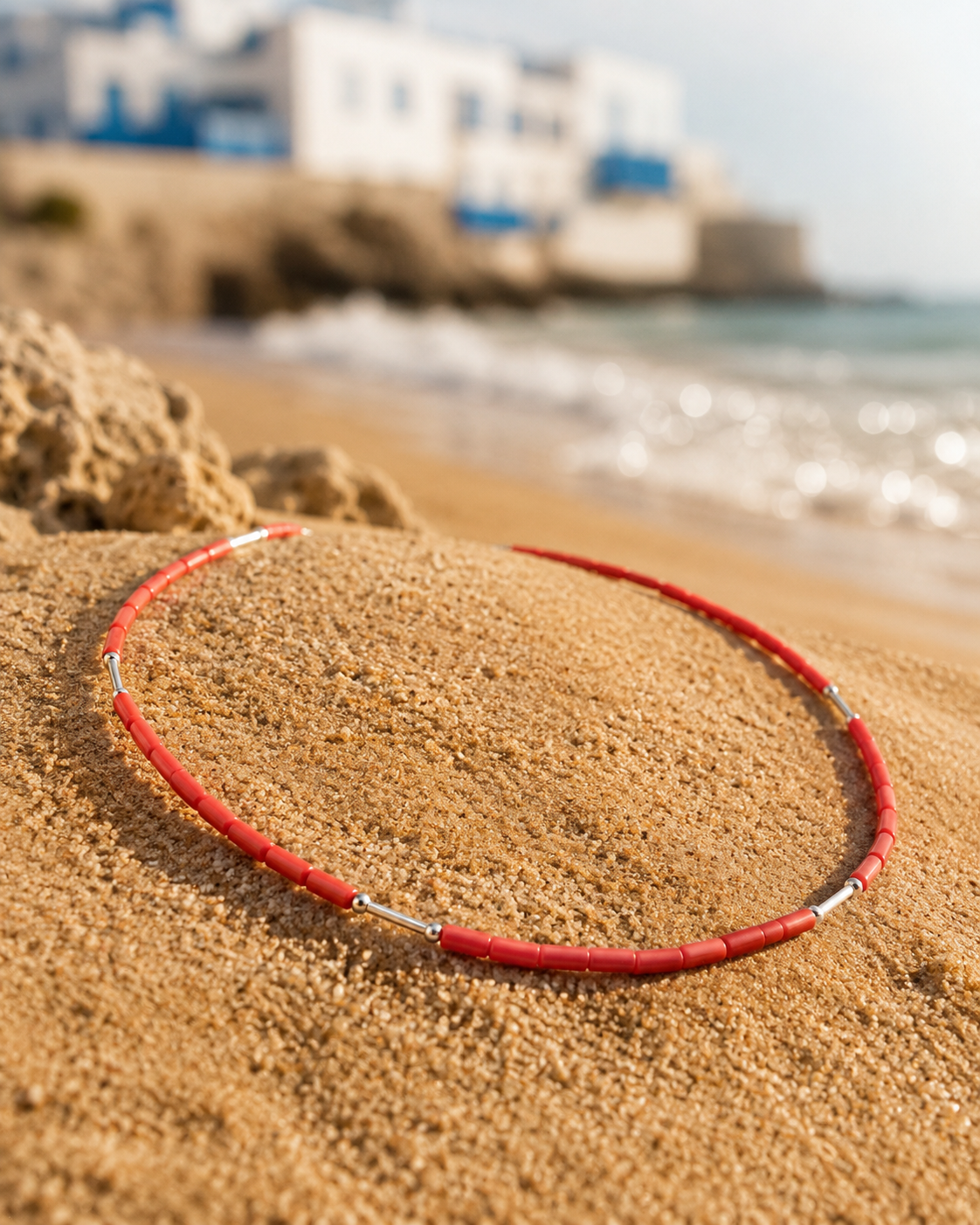Collier en corail naturel AMAYAS posé sur rocher face à la mer au coucher du soleil — Maroc