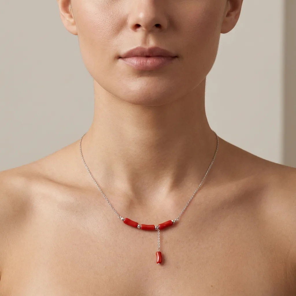 Collier Carmina - vue d�tail corail rouge artisanal AMAYAS