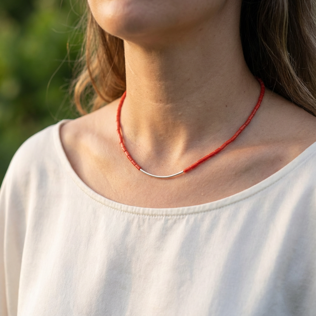 Collier Scarlet port� - femme ext�rieur, bijou corail naturel AMAYAS Maroc